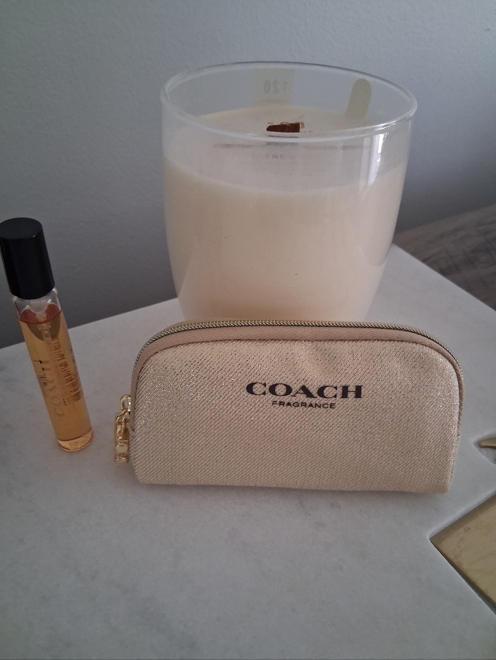 3 Piece Coach Set- Pouch , 0.25oz Gold  Perfume, Sample  size of Cherry Perfume